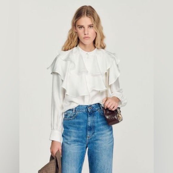SANDRO COMEDIE RUFFLE YOKE SILK BLOUSE IN - Picture 4 of 8